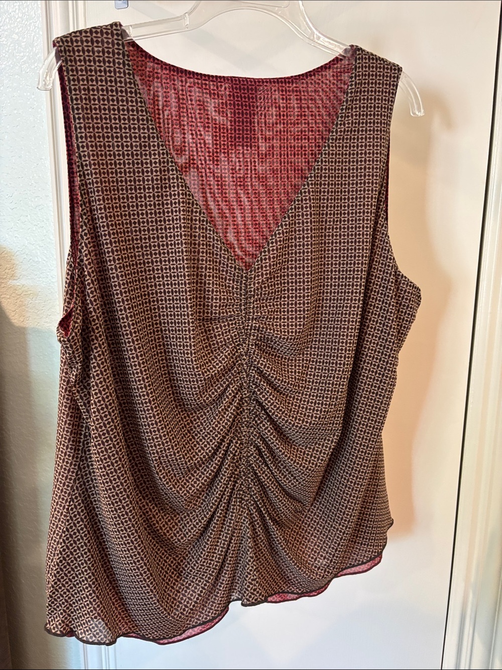 CAbi Sassy Reversible Top | Brown and Burgundy Geometric Ruched V-Neck Tank